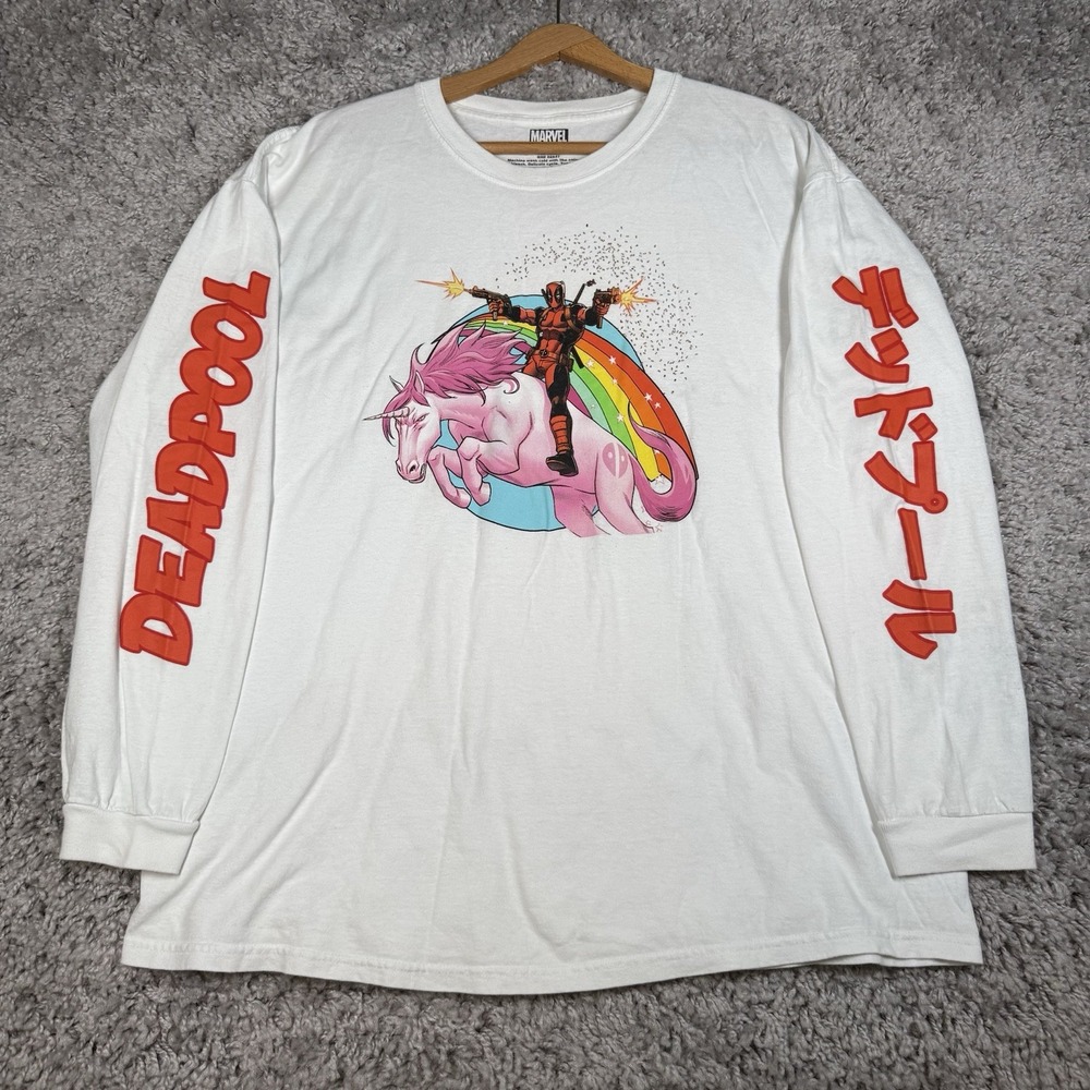 Marvel Deadpool Unicorn T-Shirt Mens XXL White Long Sleeve Riding a Pink Unicorn
